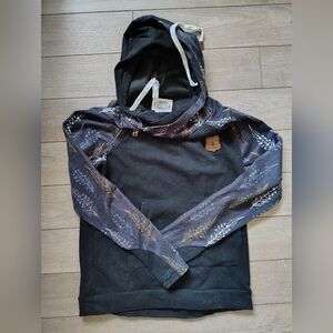 Black Hoodie with Leaf Print Sleeves
